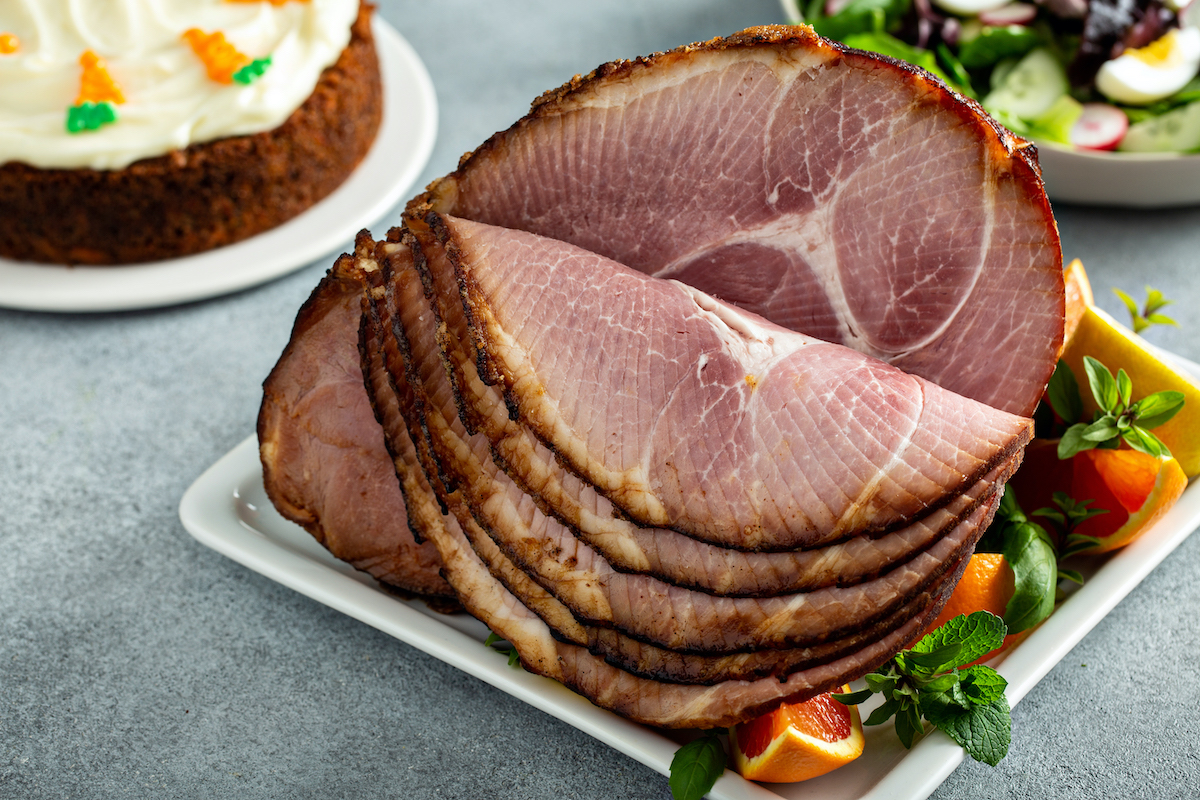 Easter ham with brown sugar glazed, spiral cut and juicy after Challenge RMF's Meat Massaging Technology tenderized and marinated it